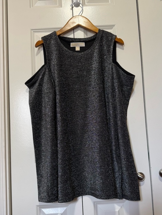 MICHAEL Michael Kors Tops - Michael Kors Shimmer Cold Shoulder Top XL Black Silver Long Sleeve